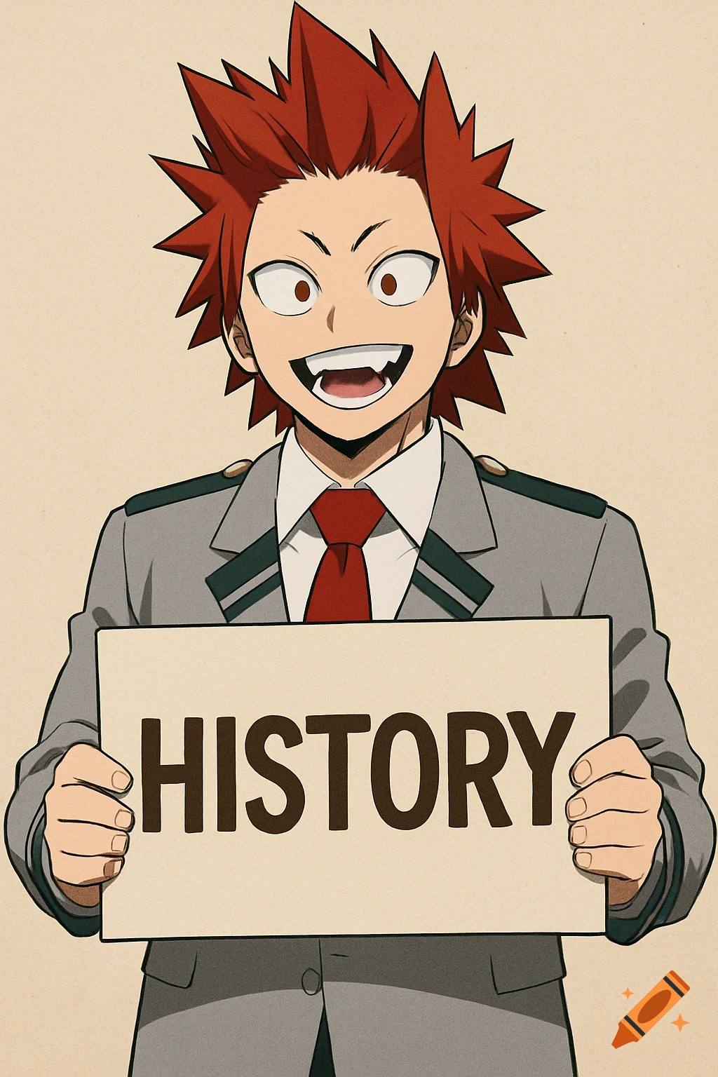Anime character with red spiky hair in uniform holding a sign that says HISTORY