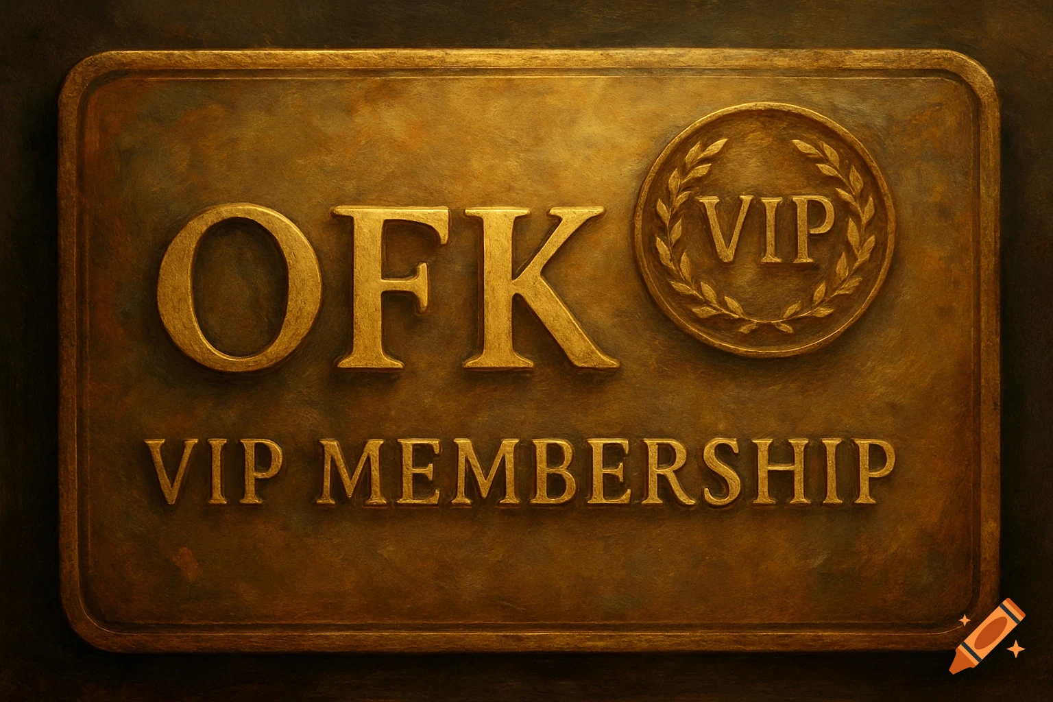 Bronze or gold plaque with OFK, VIP MEMBERSHIP, and a VIP emblem.