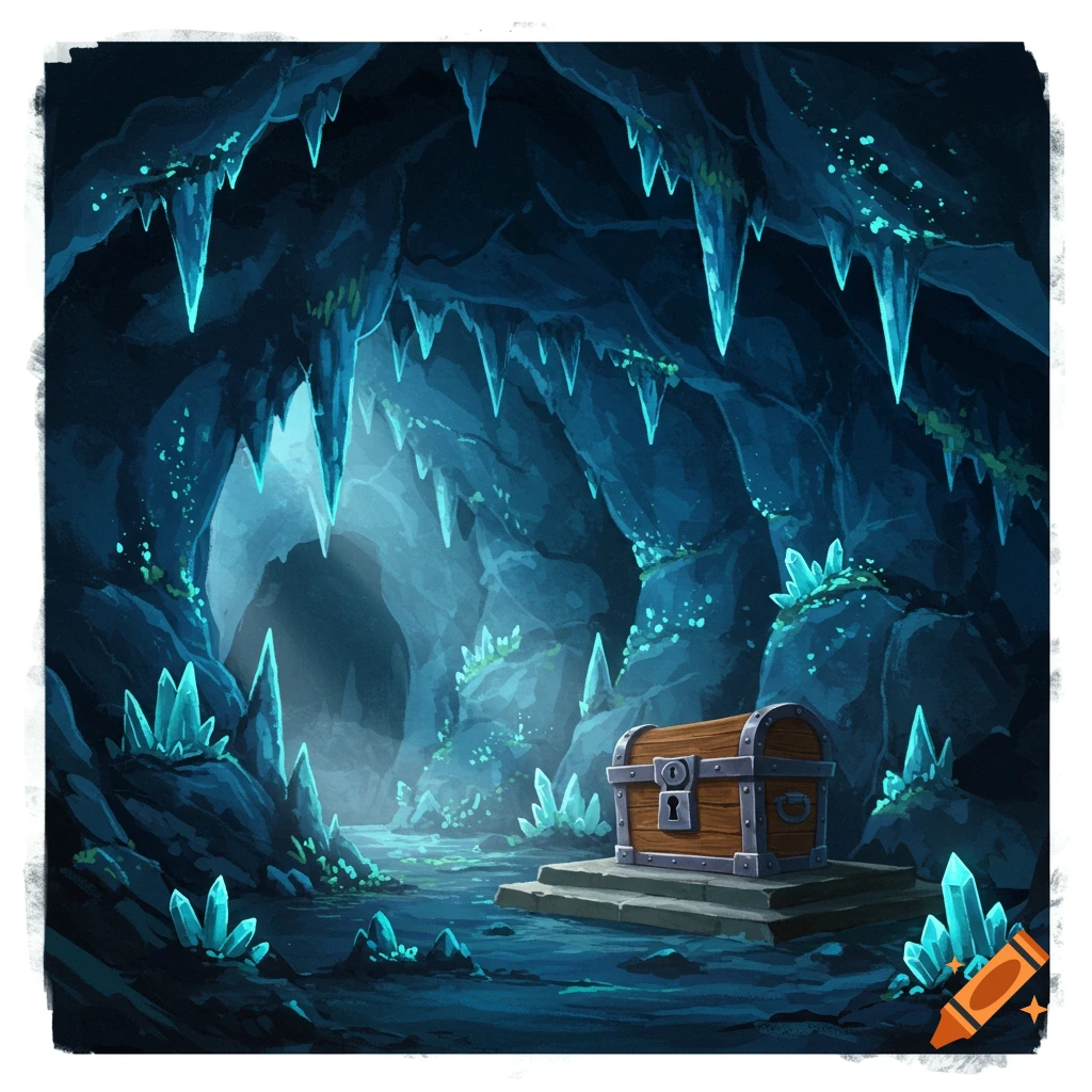 A stylized illustration of a treasure chest sitting on a stone platform inside a dark cave filled with glowing blue crystals and hanging icicles.