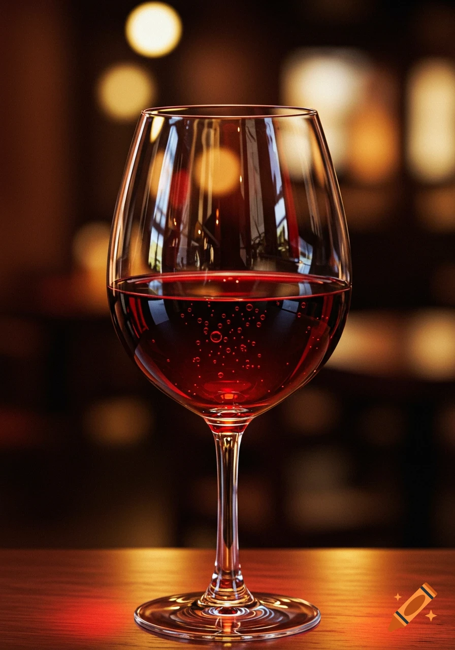 Close-up of a glass of red wine on a table with a blurry background.