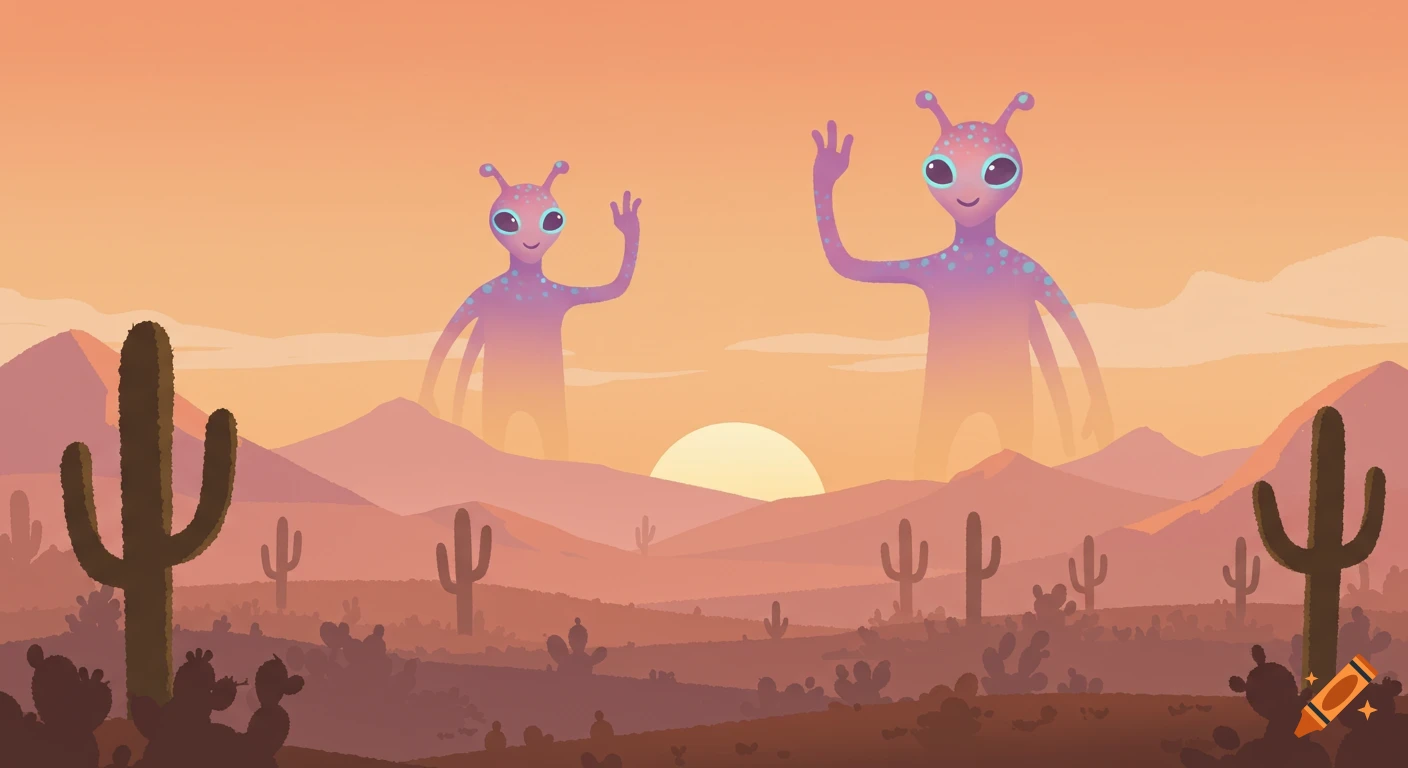 Two large pink aliens wave hello in a stylized desert landscape with mountains, saguaro cacti, and a sunset.