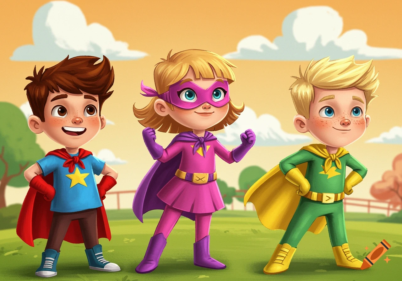 Three cartoon kids dressed as superheroes standing in a field.