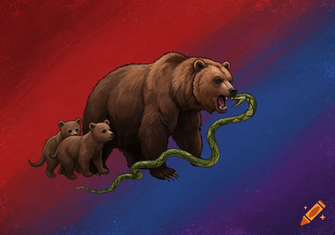 A large bear fights a green snake with two cubs behind it against a red and blue background.