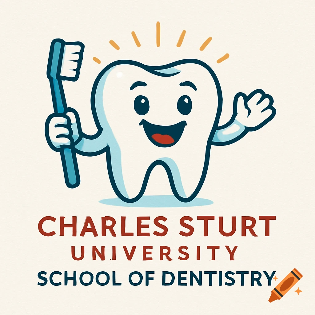 Cartoon tooth mascot holding a toothbrush, with 'Charles Sturt University School of Dentistry' text below.