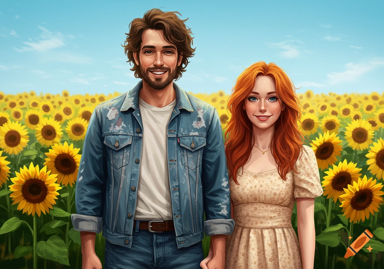 A couple stands smiling in a field of sunflowers under a blue sky.