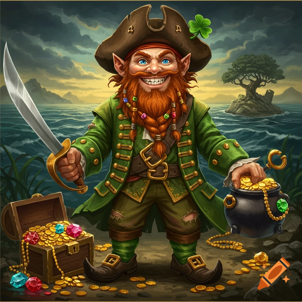 Cartoon leprechaun pirate with sword, treasure chest, and pot of gold