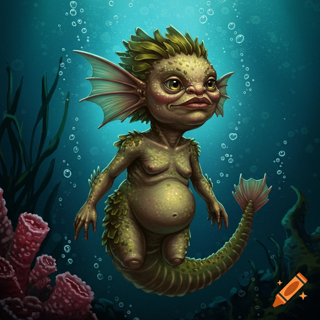 An ugly, green, human-like sea creature with fins and a tail swims underwater.