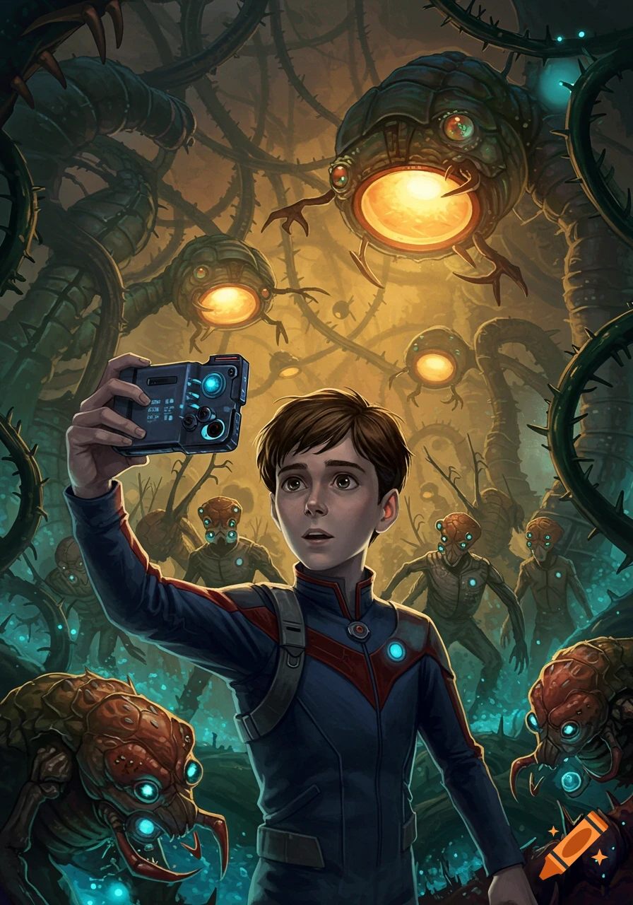 A boy takes a picture of alien creatures surrounding him in a dark environment.