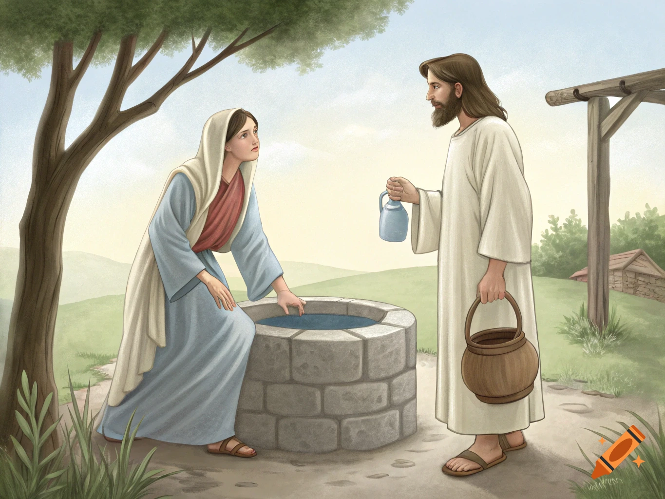 Illustration of Jesus and a woman at a well