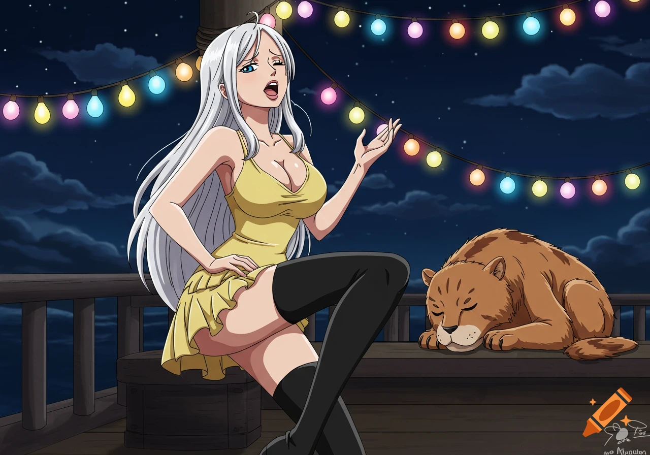 Anime woman singing on a ship at night, a cat sleeps nearby