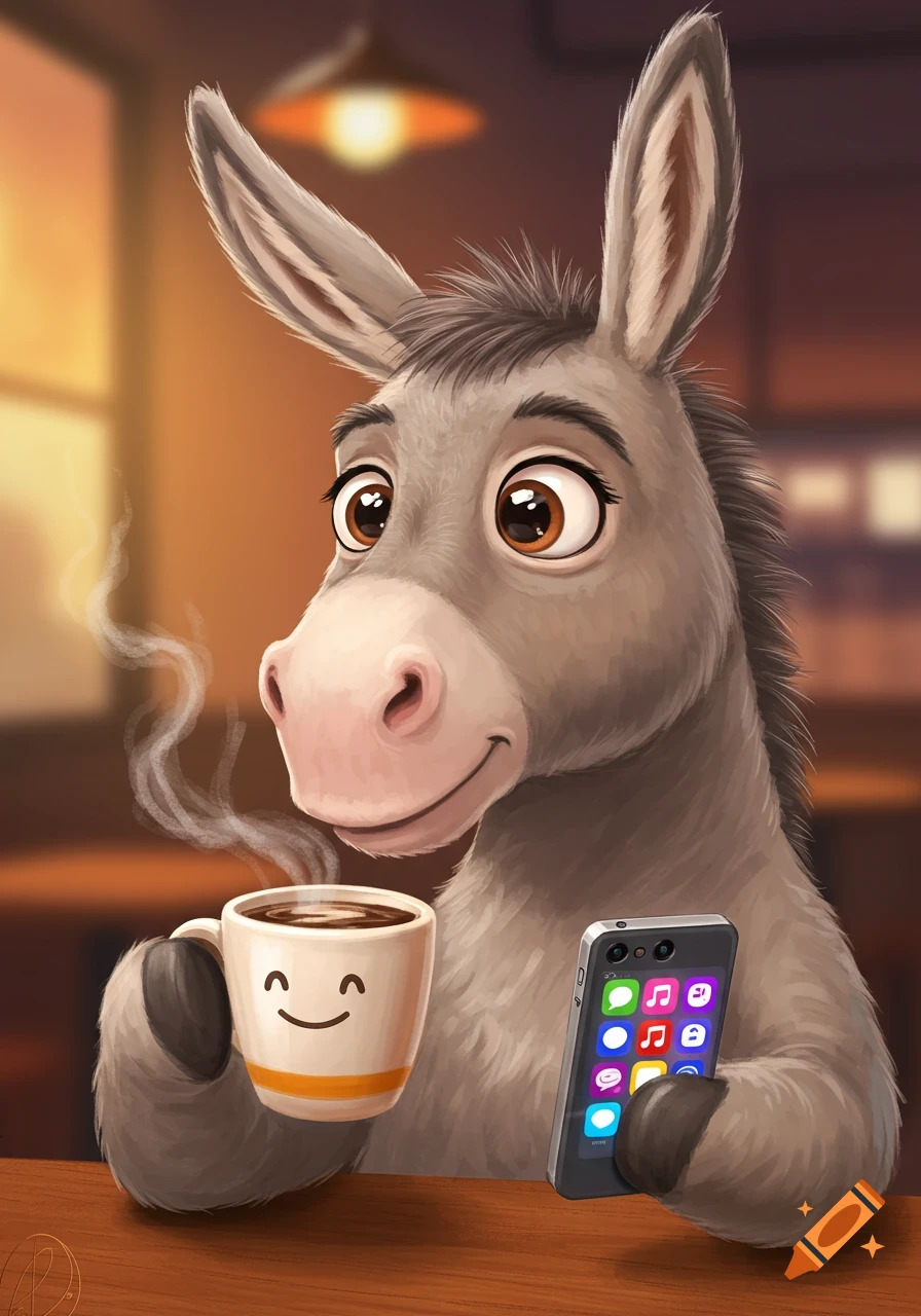 Cartoon donkey drinking coffee and looking at a phone in a cafe