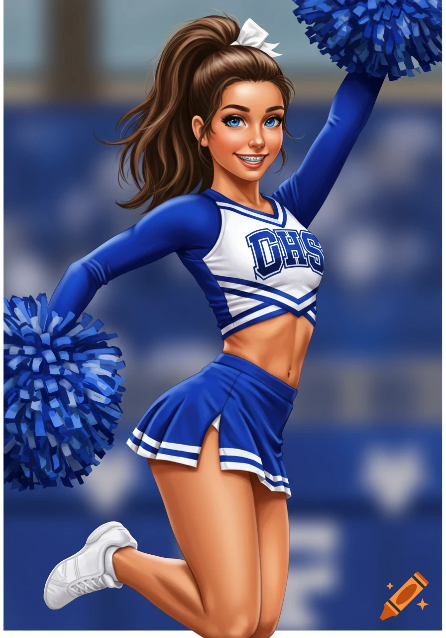 A digital illustration of a female cheerleader in a blue and white uniform, holding blue pom-poms and jumping.