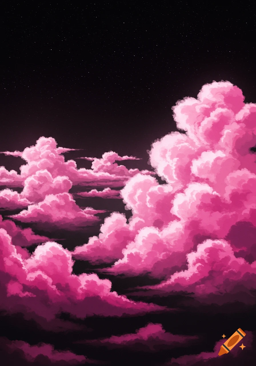 Pink clouds fill a dark, starry sky.