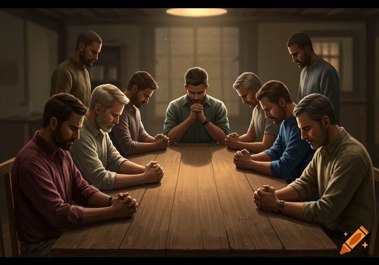 Illustration of men praying around a table