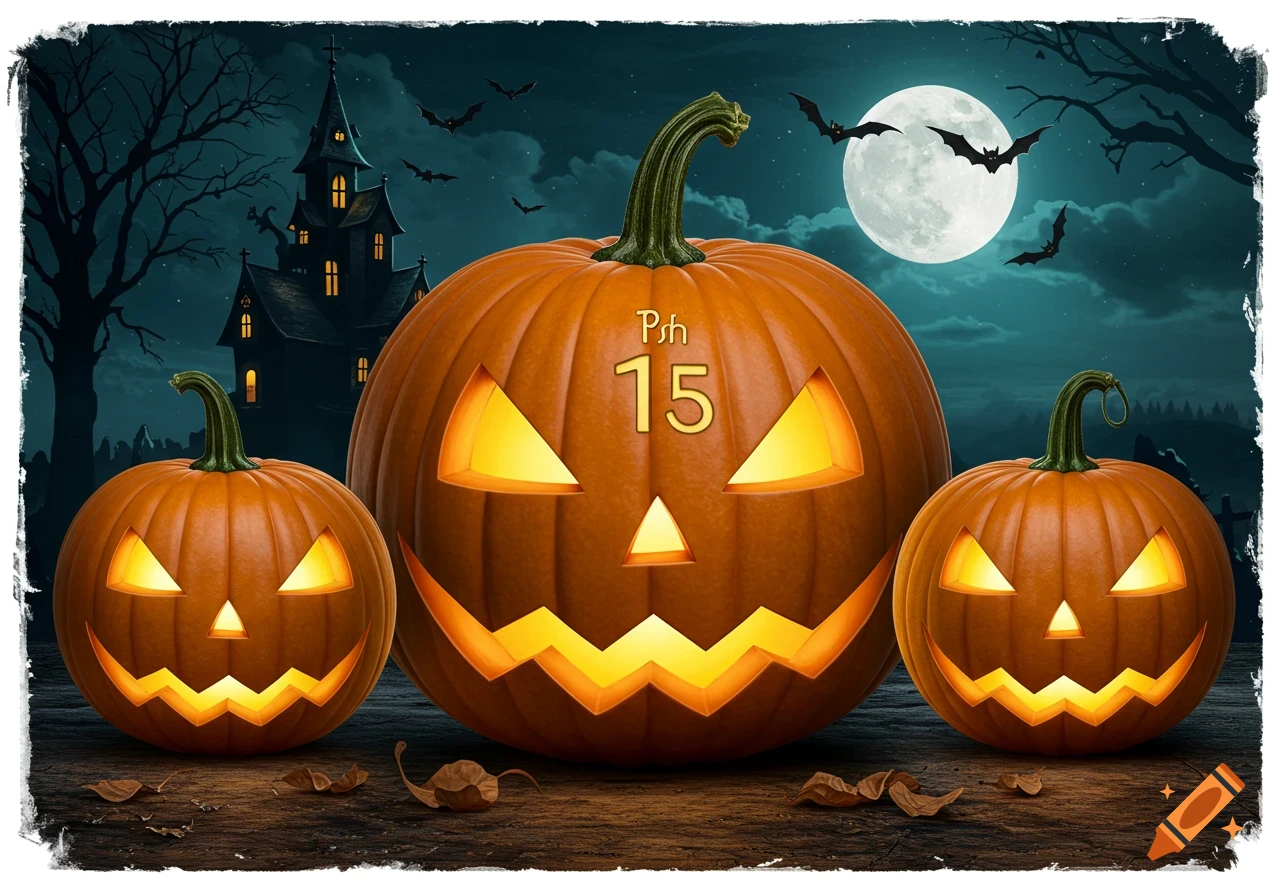 Three glowing jack-o'-lanterns at night, with a haunted house, bats, and full moon in the background.