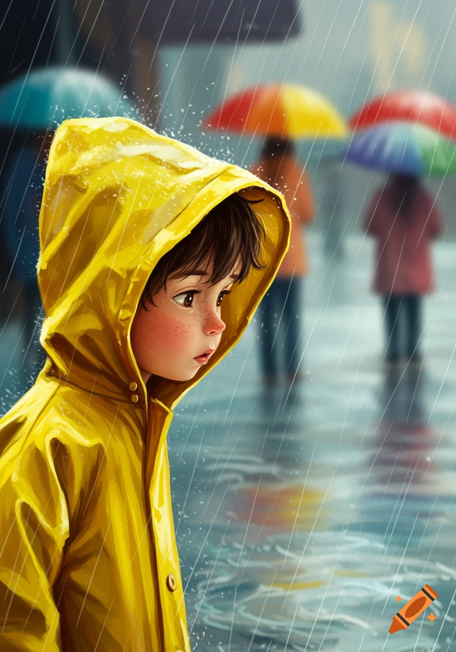 Child in yellow raincoat standing in pouring rain with umbrella-carrying figures in background, illustration.