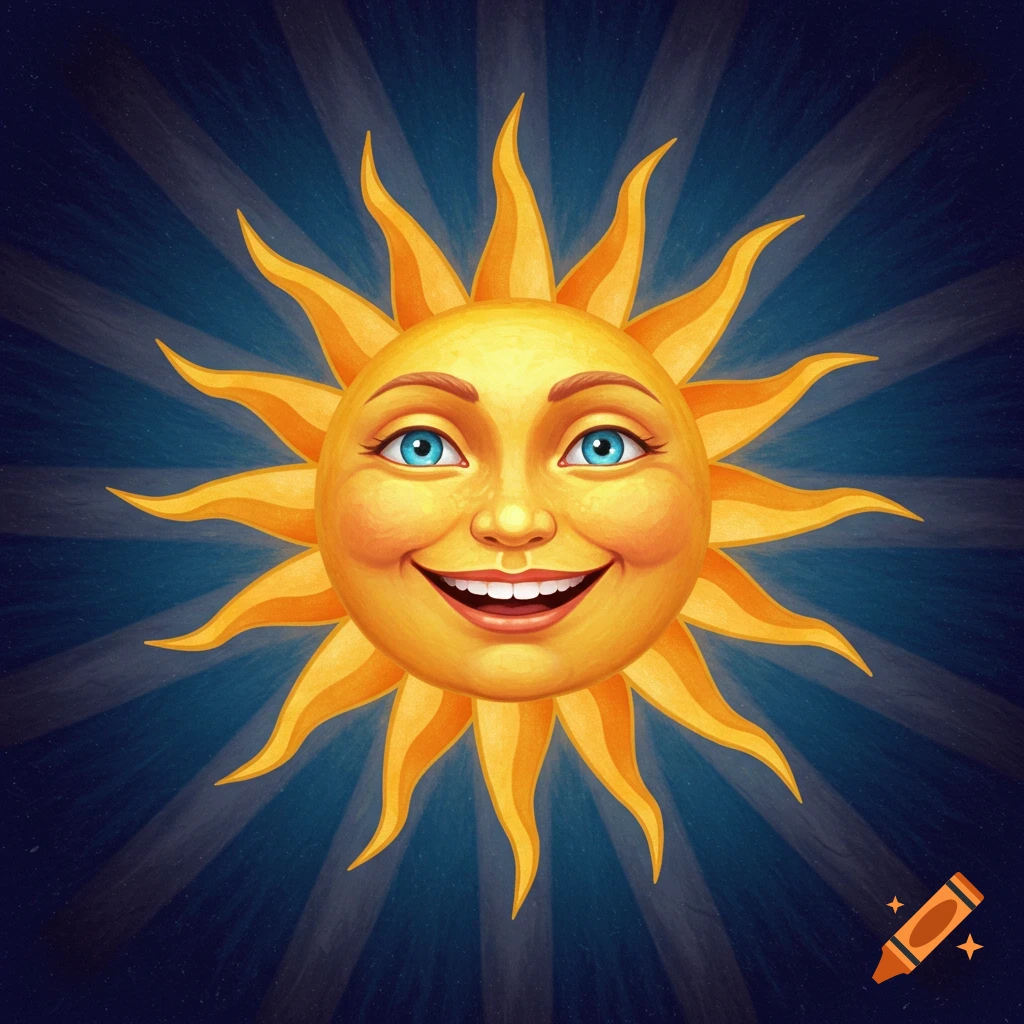 A smiling sun character with blue eyes and orange rays against a dark blue background with light beams.