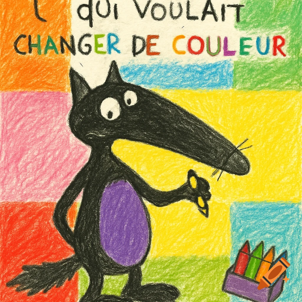 Kid drawing of a black wolf with purple belly holding a yellow crayon, standing before colorful squares, with text.