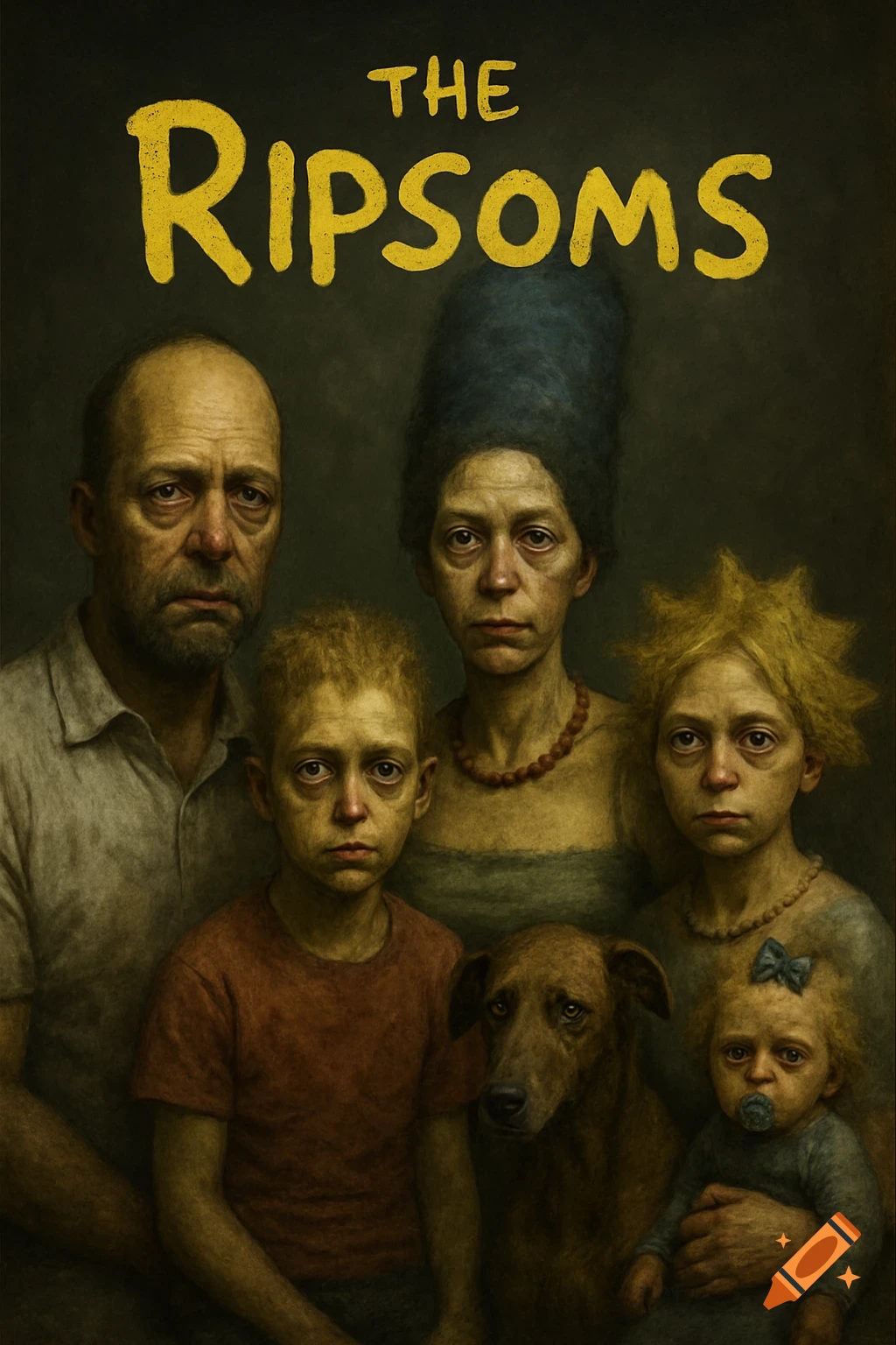 A realistic and disturbing portrait of a family and their dog, titled 'THE RIPSOMS'.
