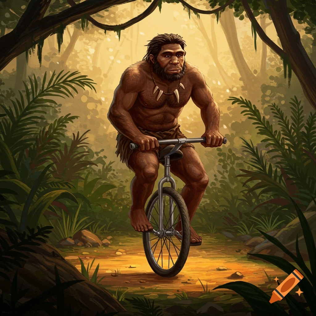 A homo erectus rides a unicycle through a jungle.