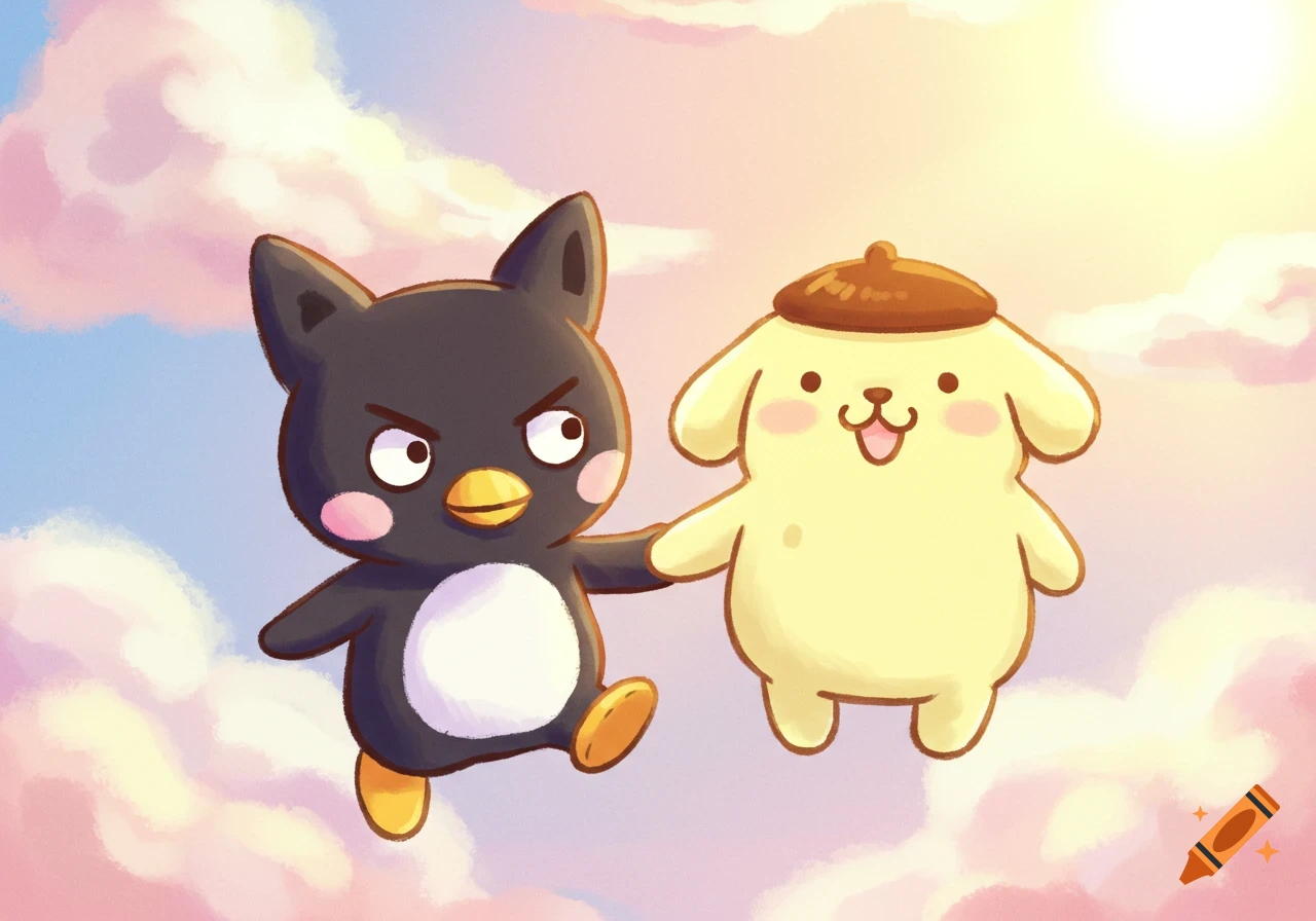 Badtz-Maru and Pompompurin hold hands while floating in a sky with pink clouds and sunshine, in a cute cartoon style.
