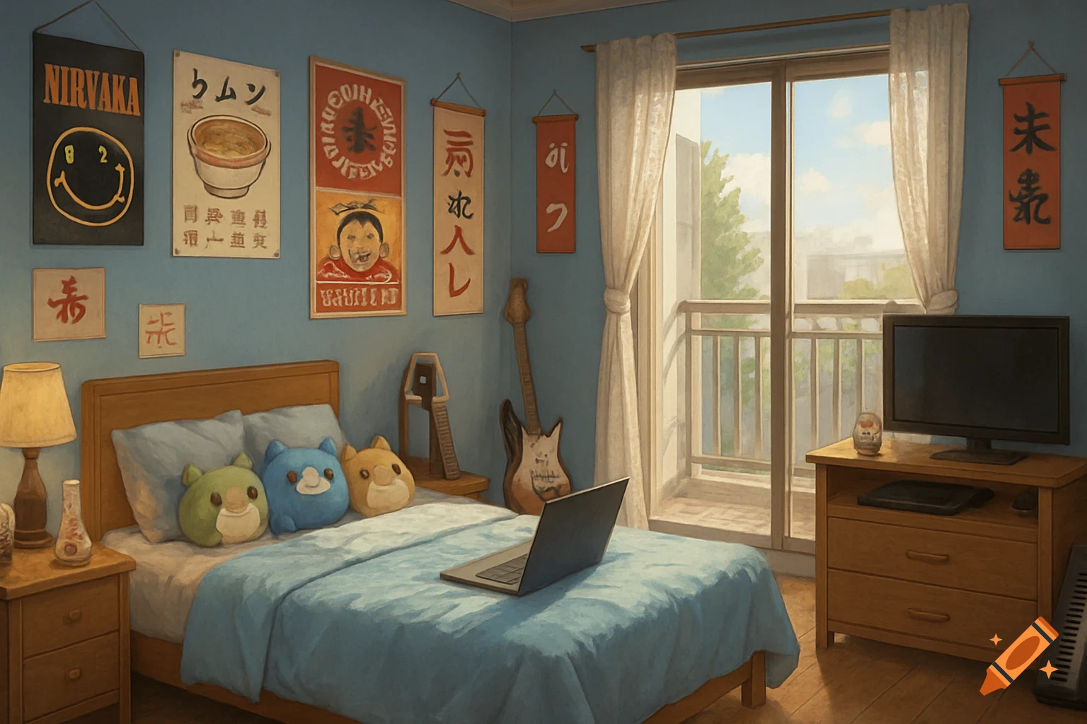 An illustrated dorm room with a bed, laptop, posters on the wall, and a window overlooking a balcony.