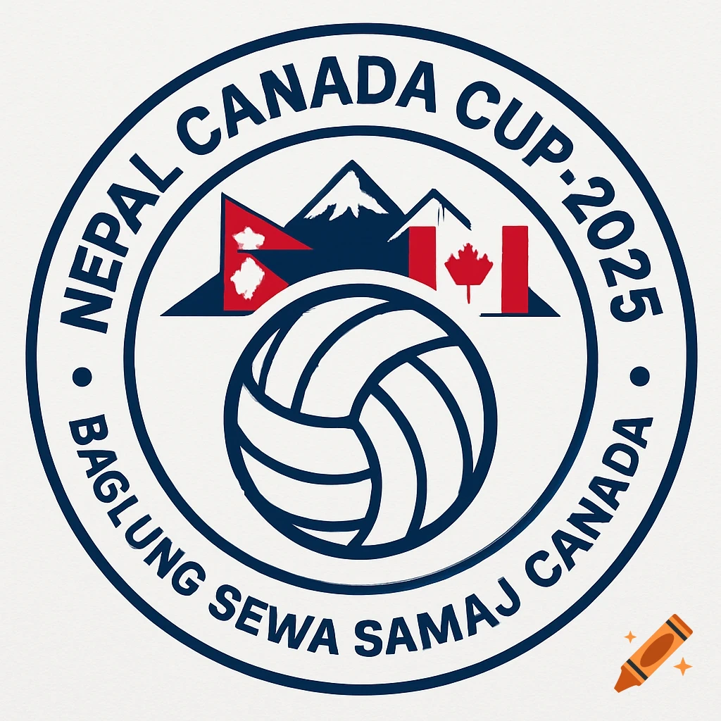 Circular logo for the Nepal Canada Cup 2025 featuring text, the Nepal flag, Canada flag, mountains, and a volleyball.