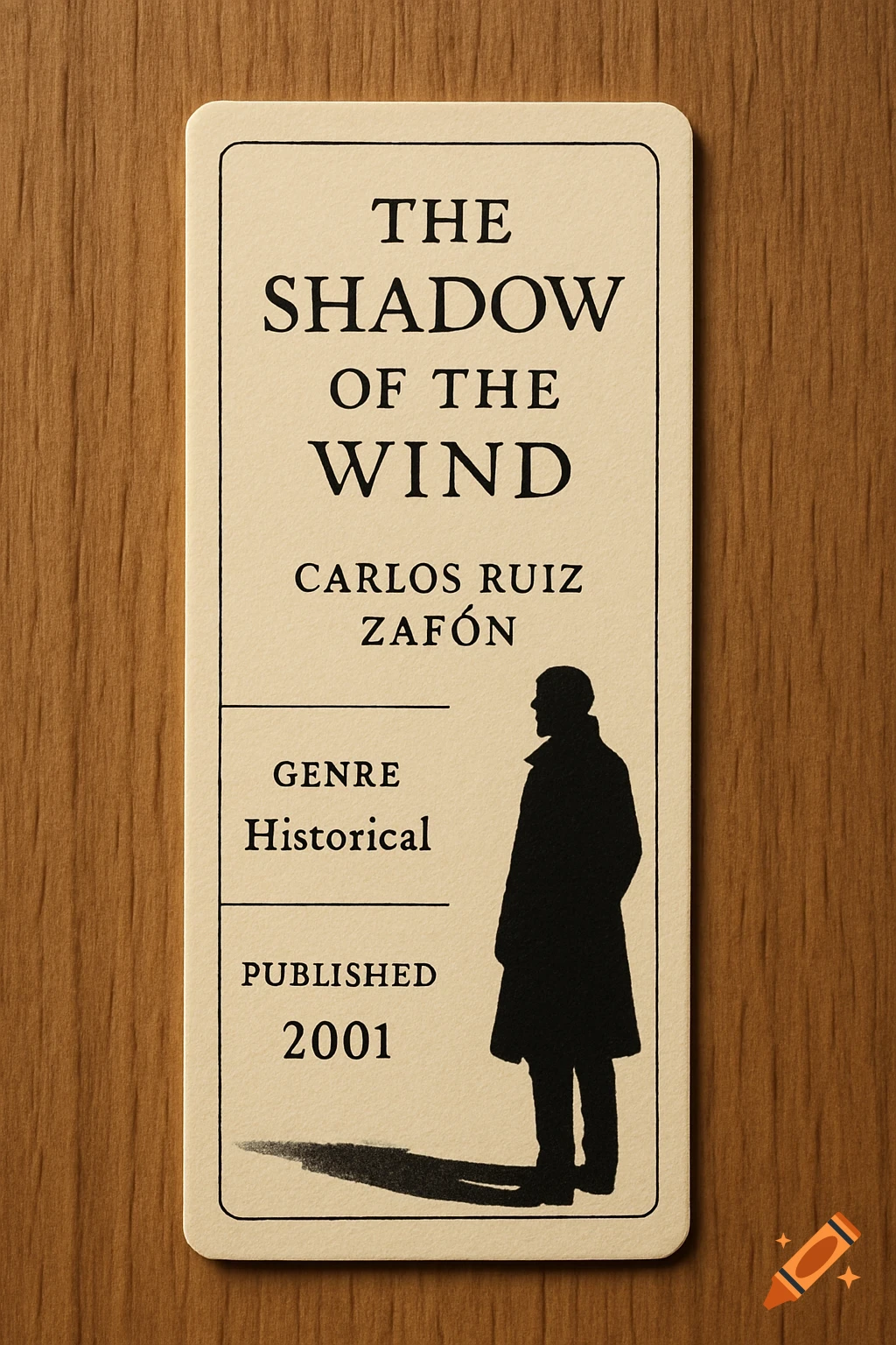 A bookmark for the book 'The Shadow of the Wind', showing the title, author, genre, publication date, and a silhouette of a man against a wood background.