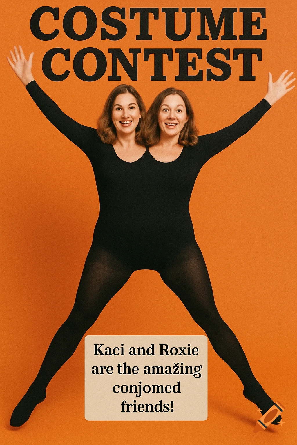 Two women fused into one body for a costume contest, posing like a jumping jack against an orange background with text.