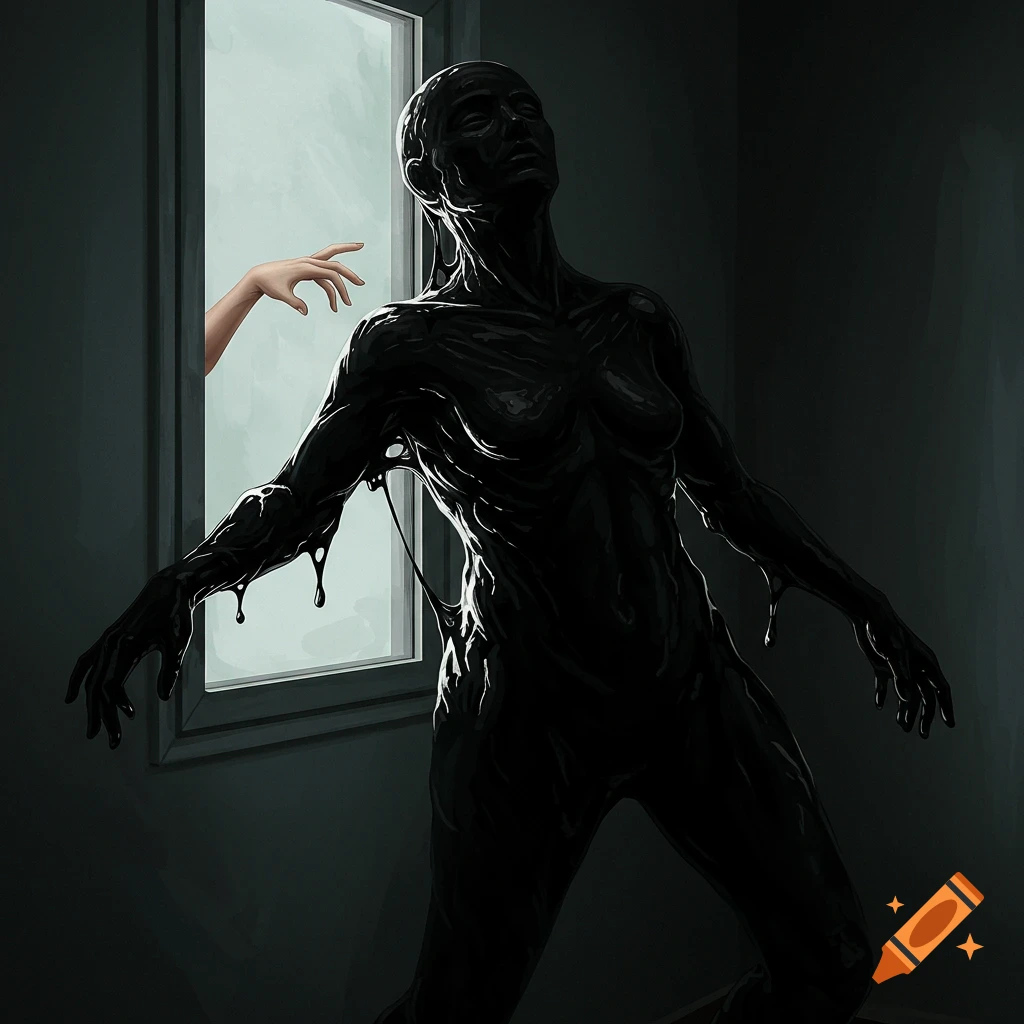 Dark figure covered in black goo near a window, with a hand reaching in.