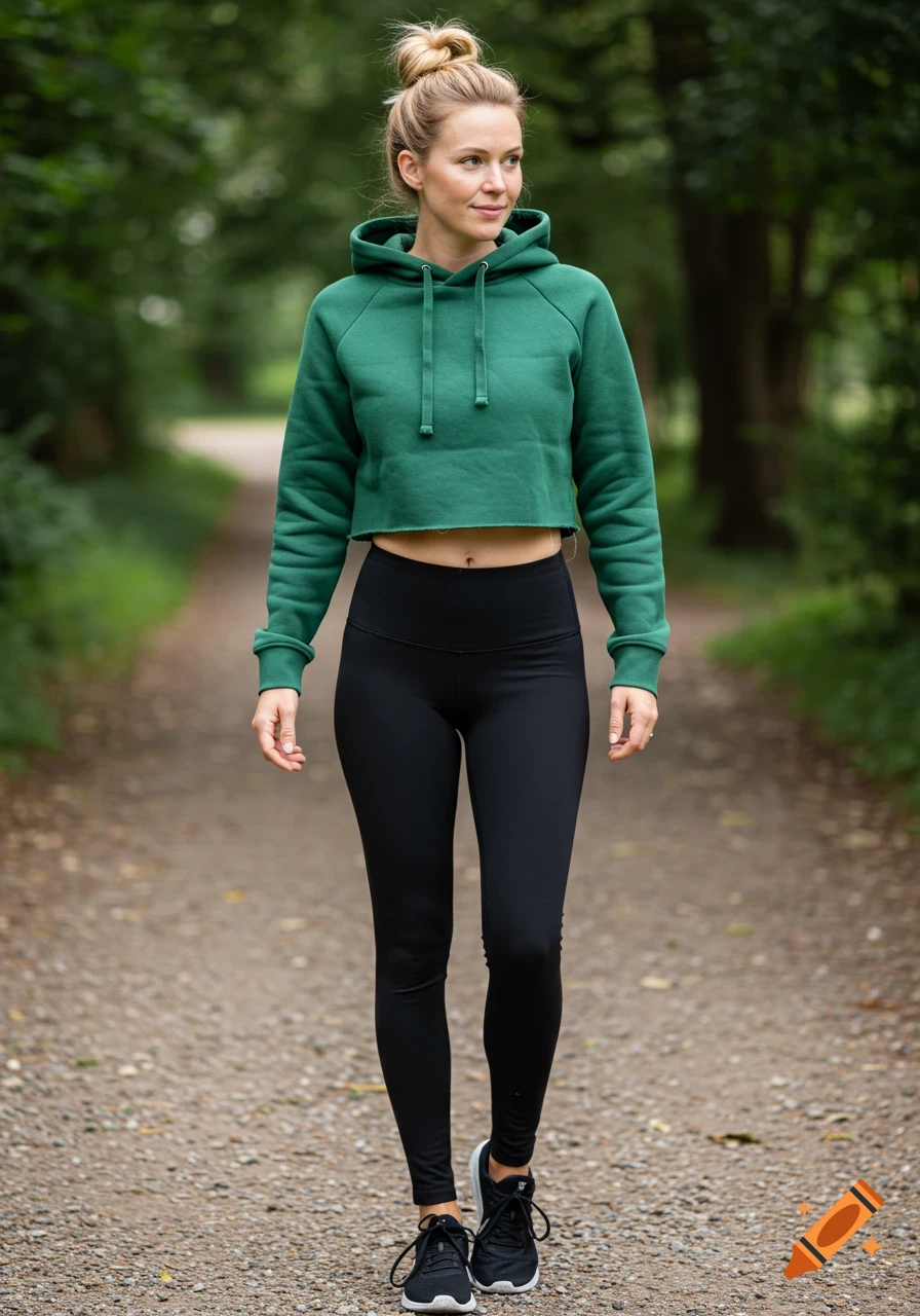 A woman in a green cropped hoodie and black leggings walks on an outdoor path.
