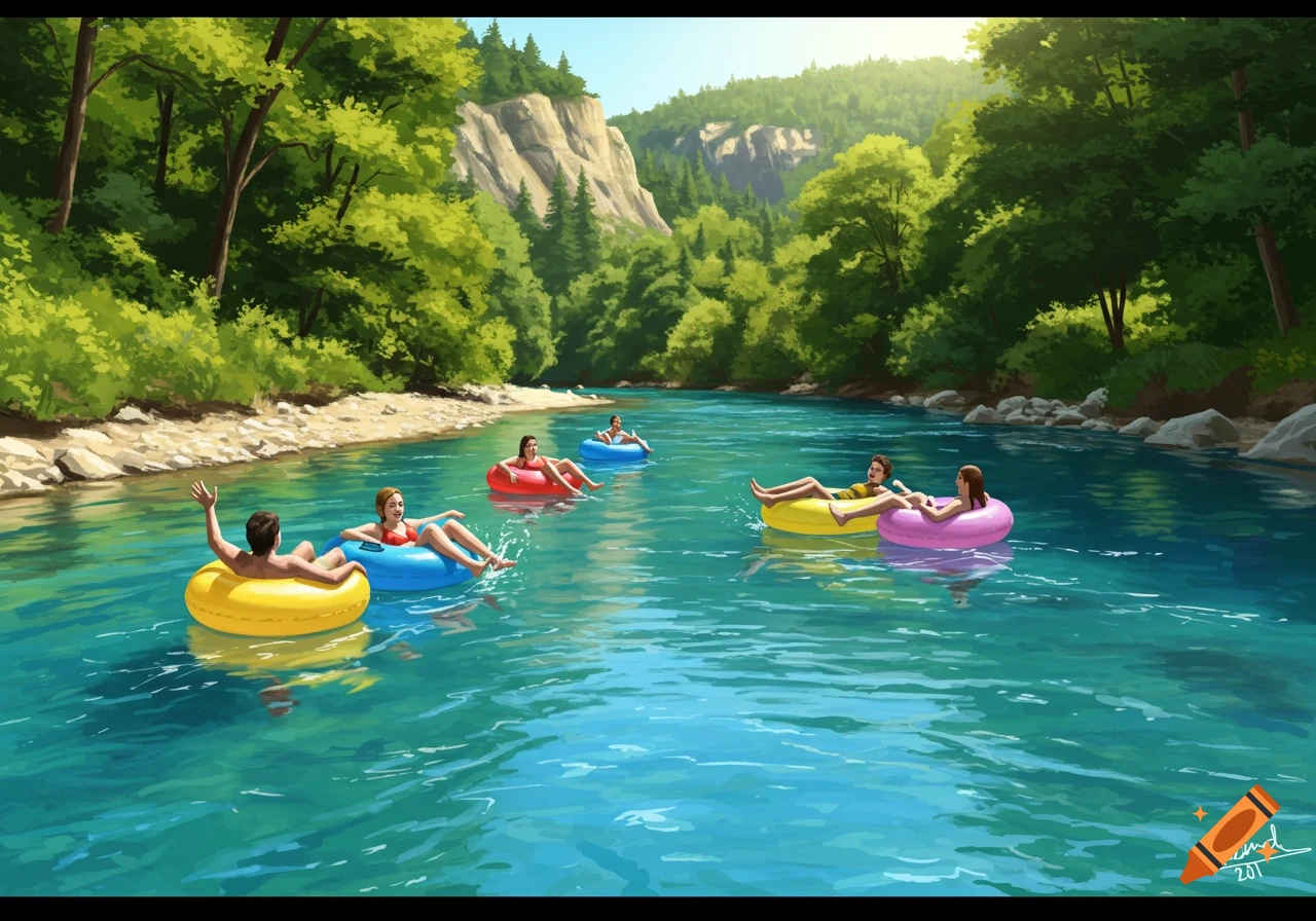 People float down a sunny river in colorful inner tubes, surrounded by green trees and cliffs, painted style.