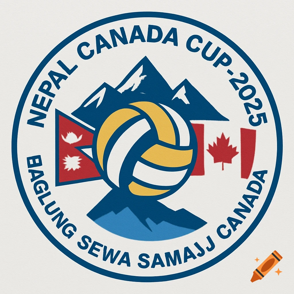 Circular logo for Nepal Canada Cup 2025 with text, a volleyball, mountains, and flags of Nepal and Canada.