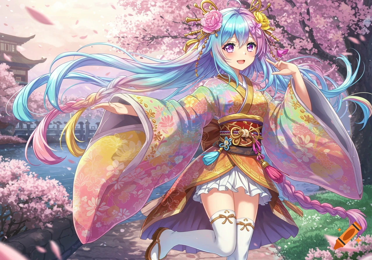 Anime girl in a colorful kimono standing in cherry blossoms near a traditional building.