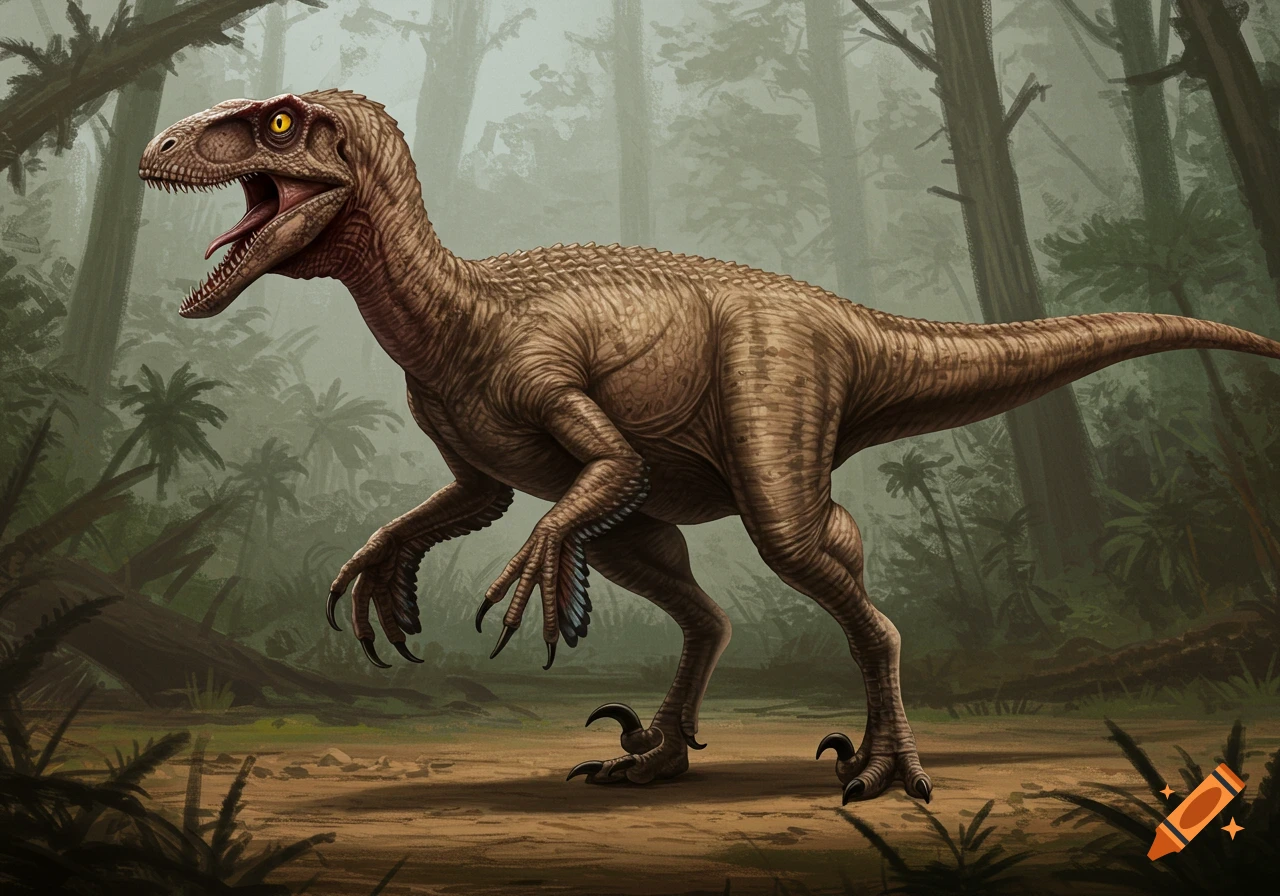Illustration of a featherless raptor dinosaur standing in a misty ...