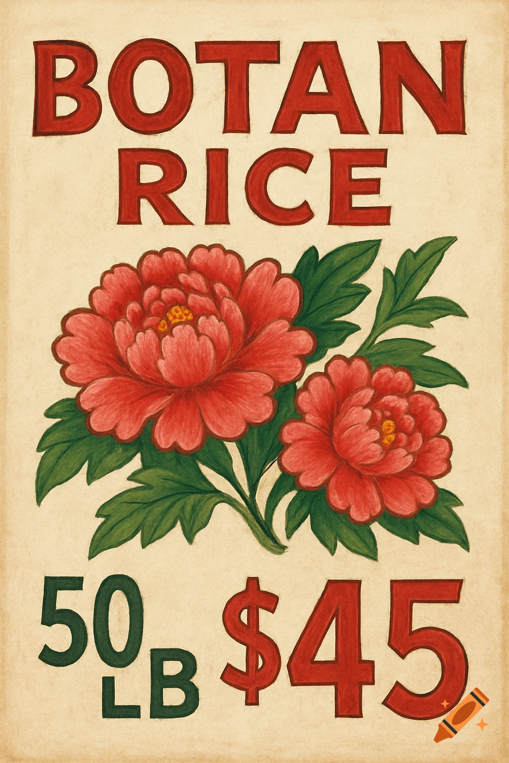 Botan Rice promotional poster with red flowers, 50lb for $45, illustration style.