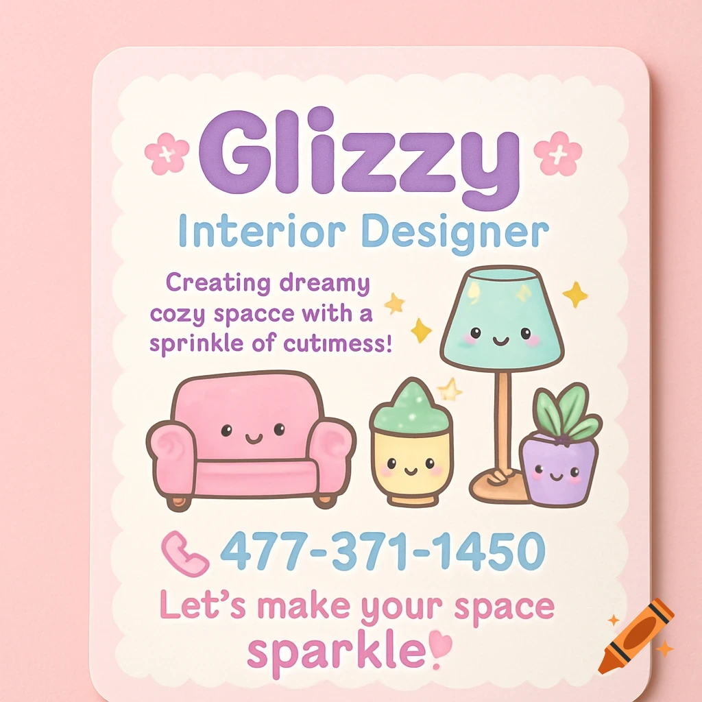 Kawaii style business card for interior designer with smiling furniture and text.