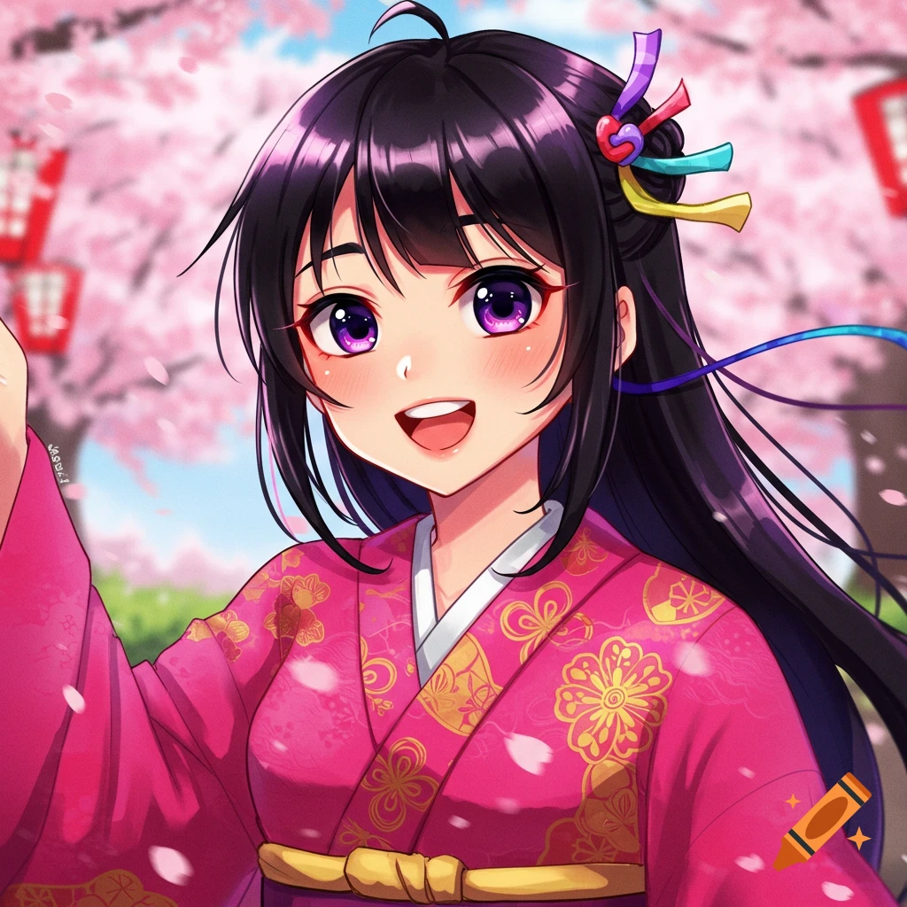 Anime illustration of a girl in a pink kimono smiling among cherry blossoms.