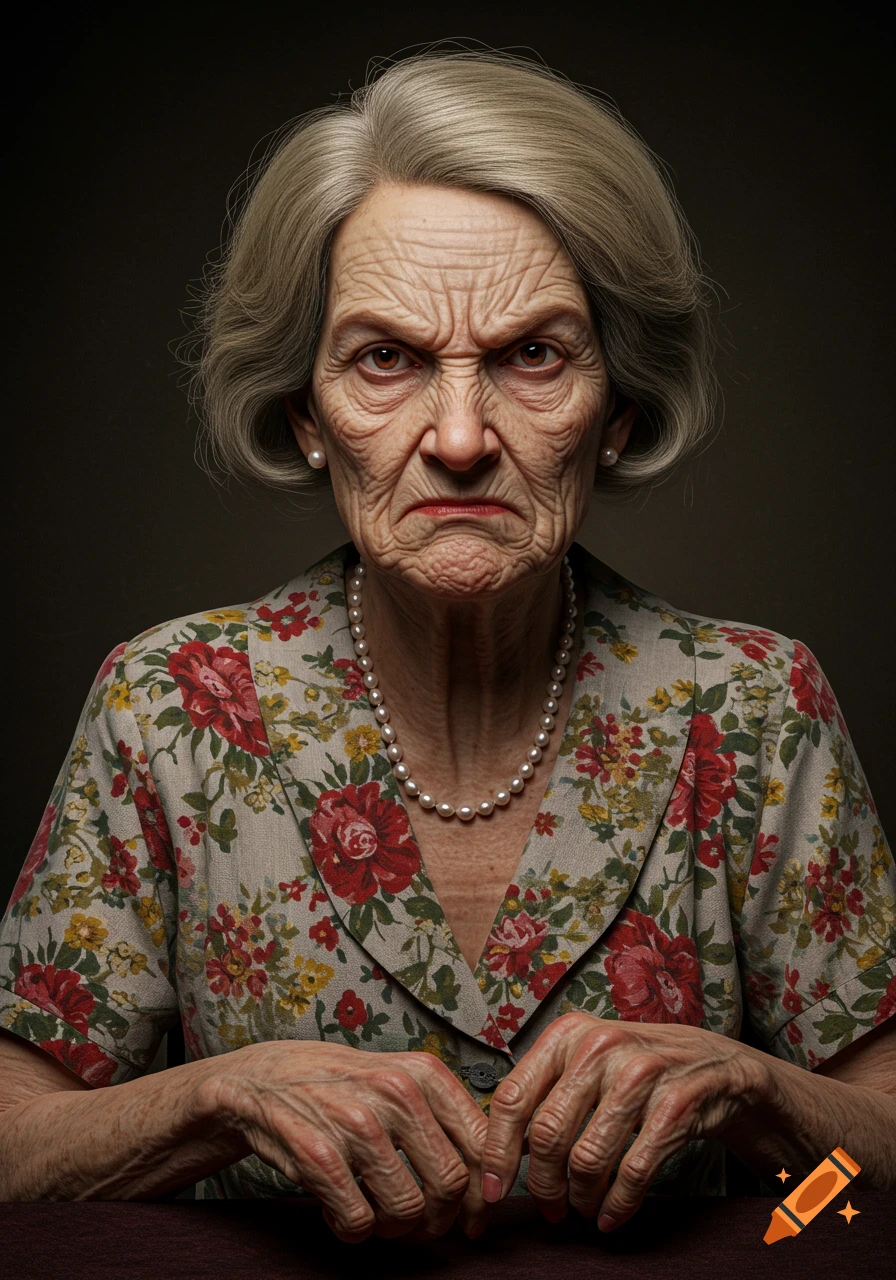 A close-up, photorealistic portrait of an angry old woman wearing a floral shirt and pearl necklace.