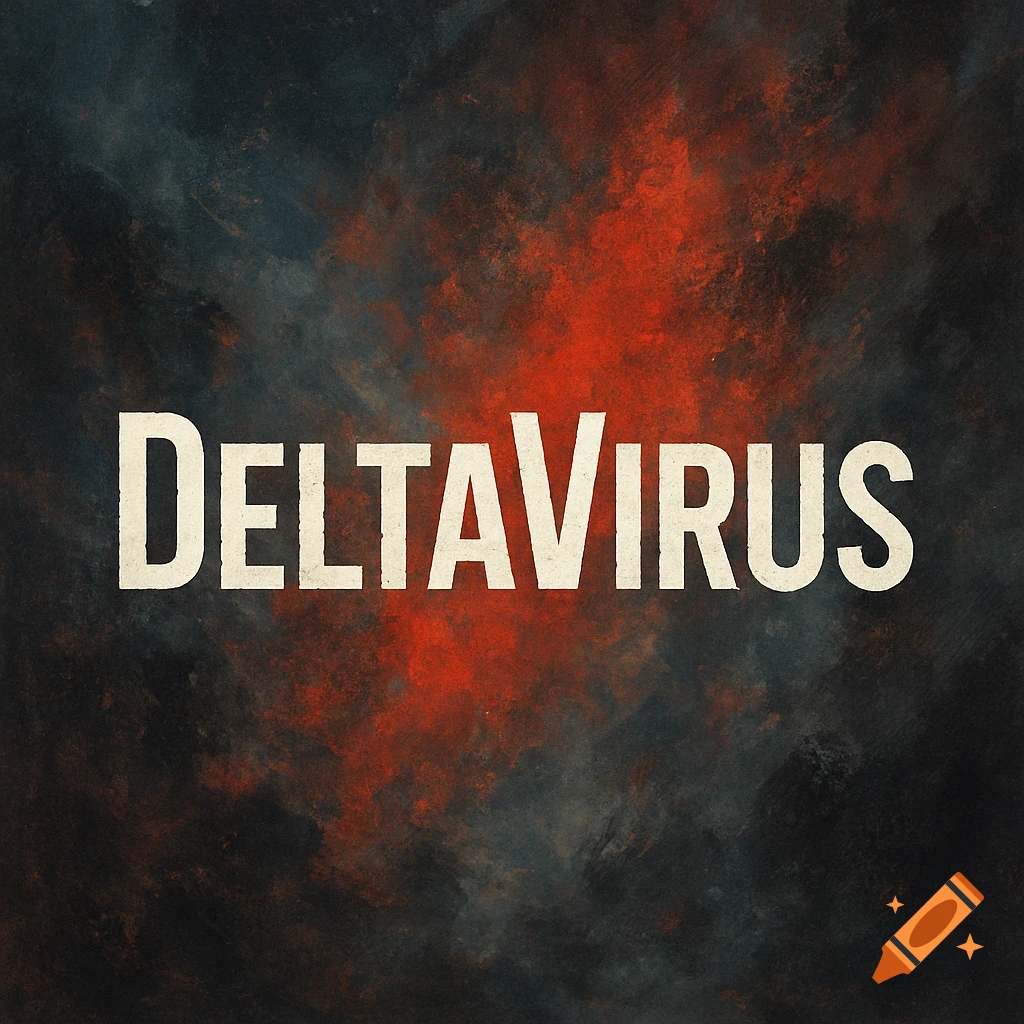 The text 'DELTAVIRUS' on a dark grunge background with red and orange highlights.
