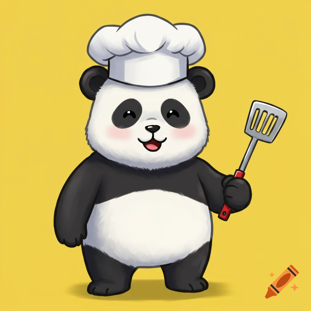 Cartoon panda wearing a chef's hat and holding a spatula on a yellow background.