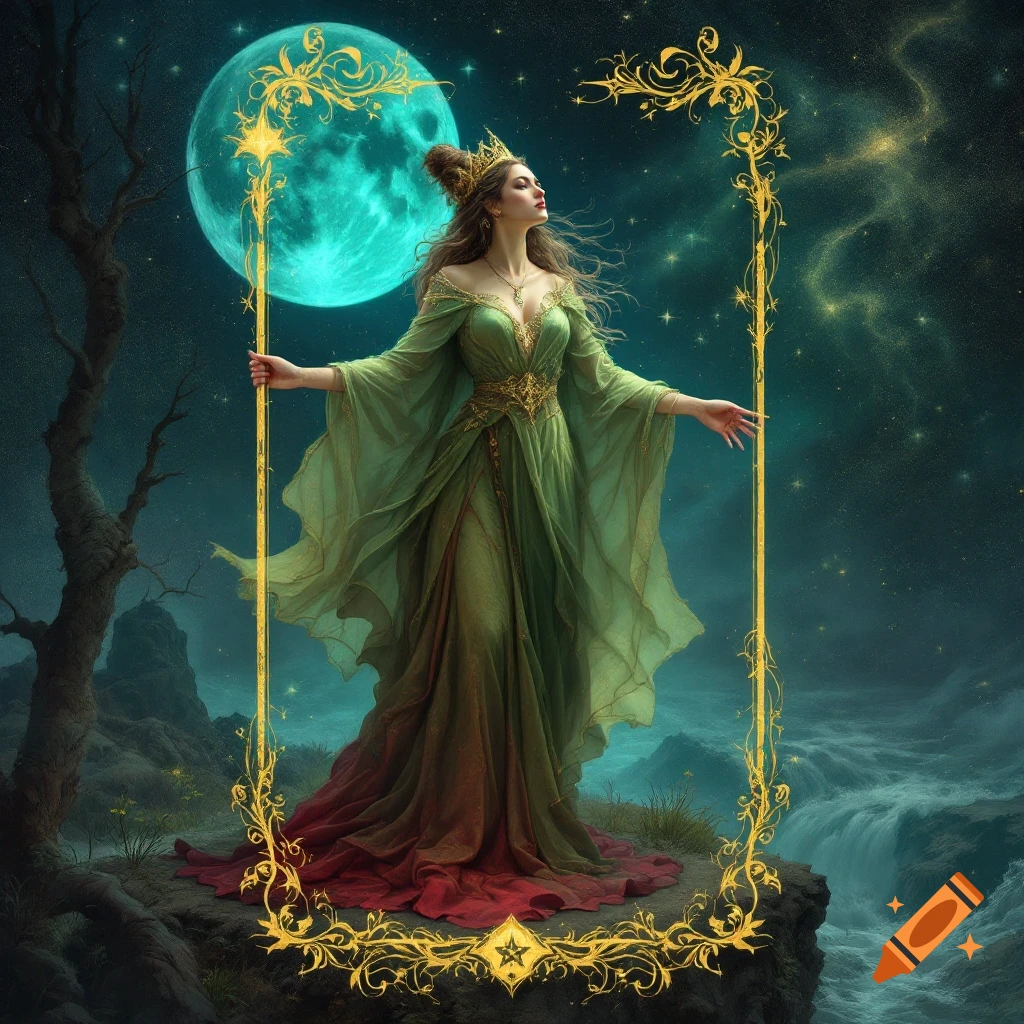 Fantasy depiction of a woman in a green dress, like a Queen of Wands tarot card, standing on a cliff under a large moon and stars.