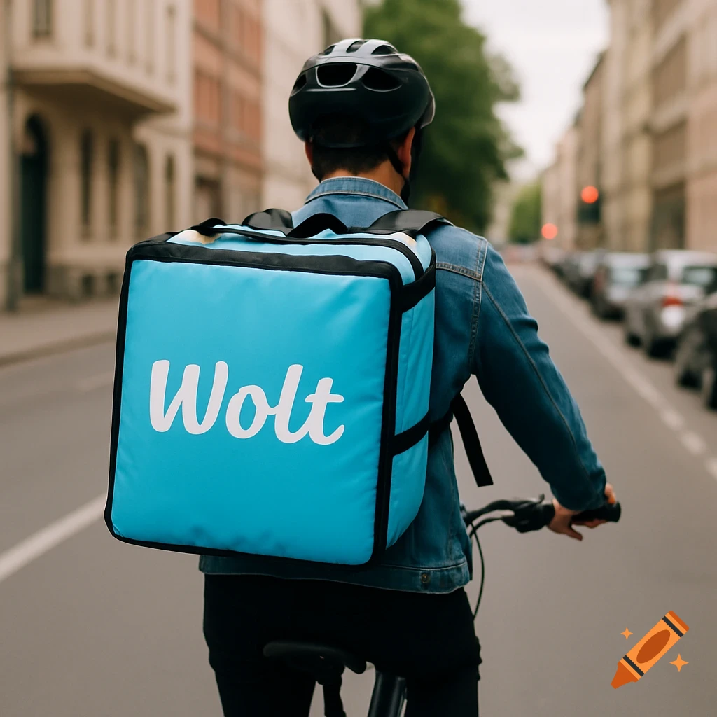 Rear view of a person on a bike with a blue delivery backpack on a city street.