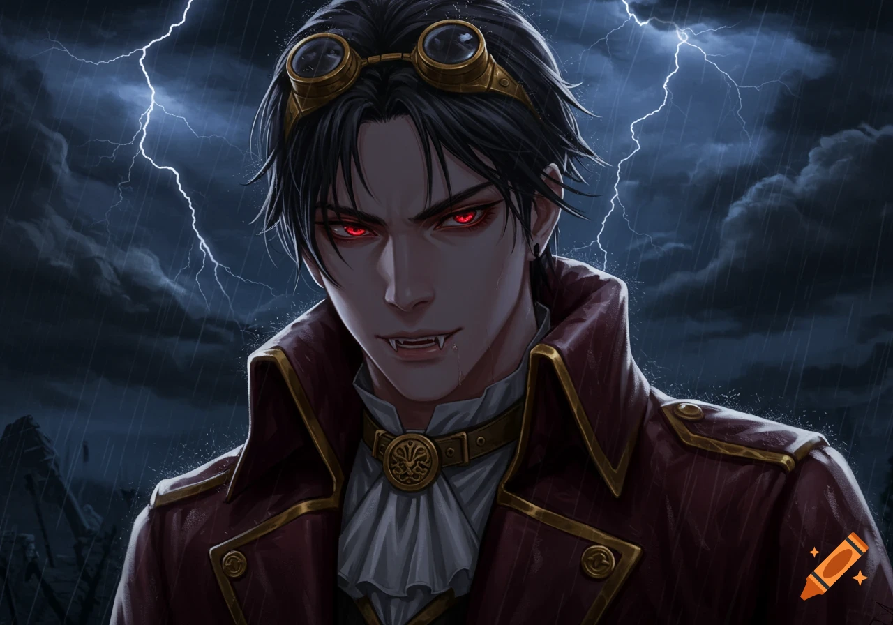 Anime illustration of a male vampire with red eyes and fangs wearing goggles and a steampunk coat in a thunderstorm.
