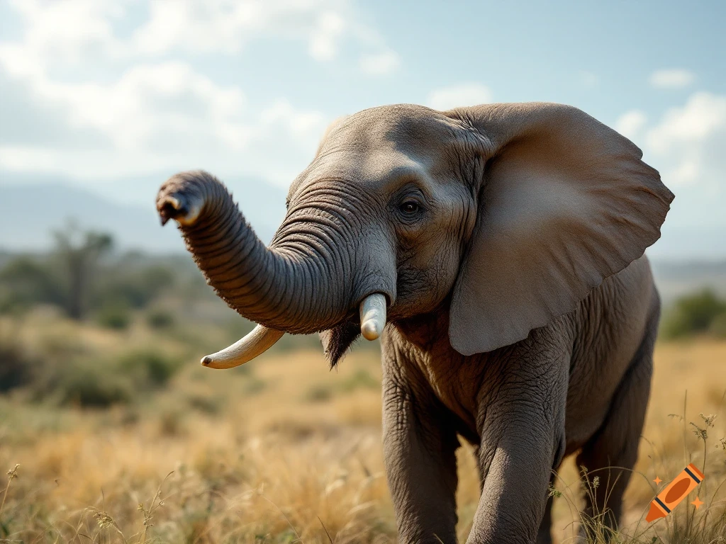 Close-up photorealistic image of an elephant raising its trunk in a grassy field.