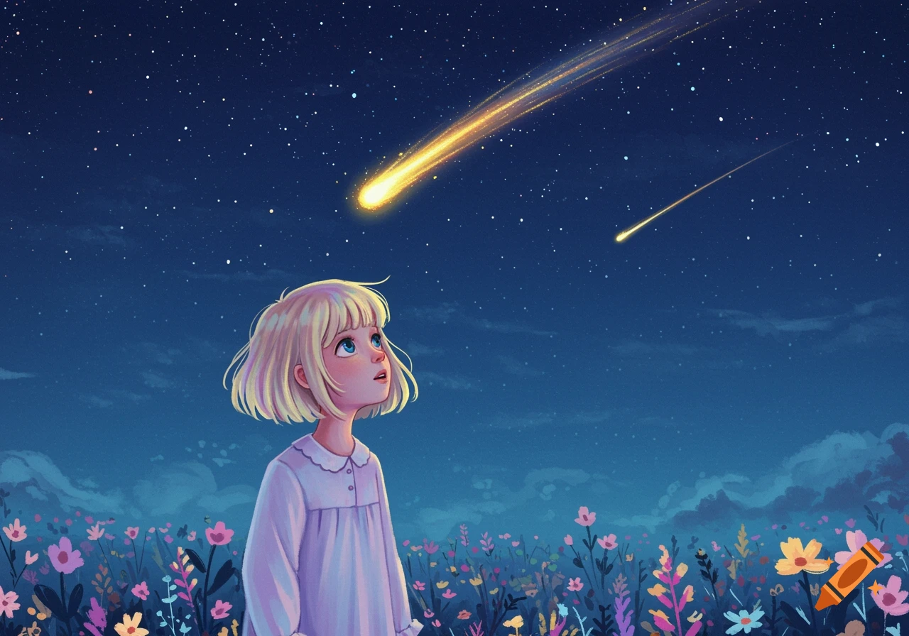 Illustration of a blonde girl looking up at shooting stars in a flowery field at night.