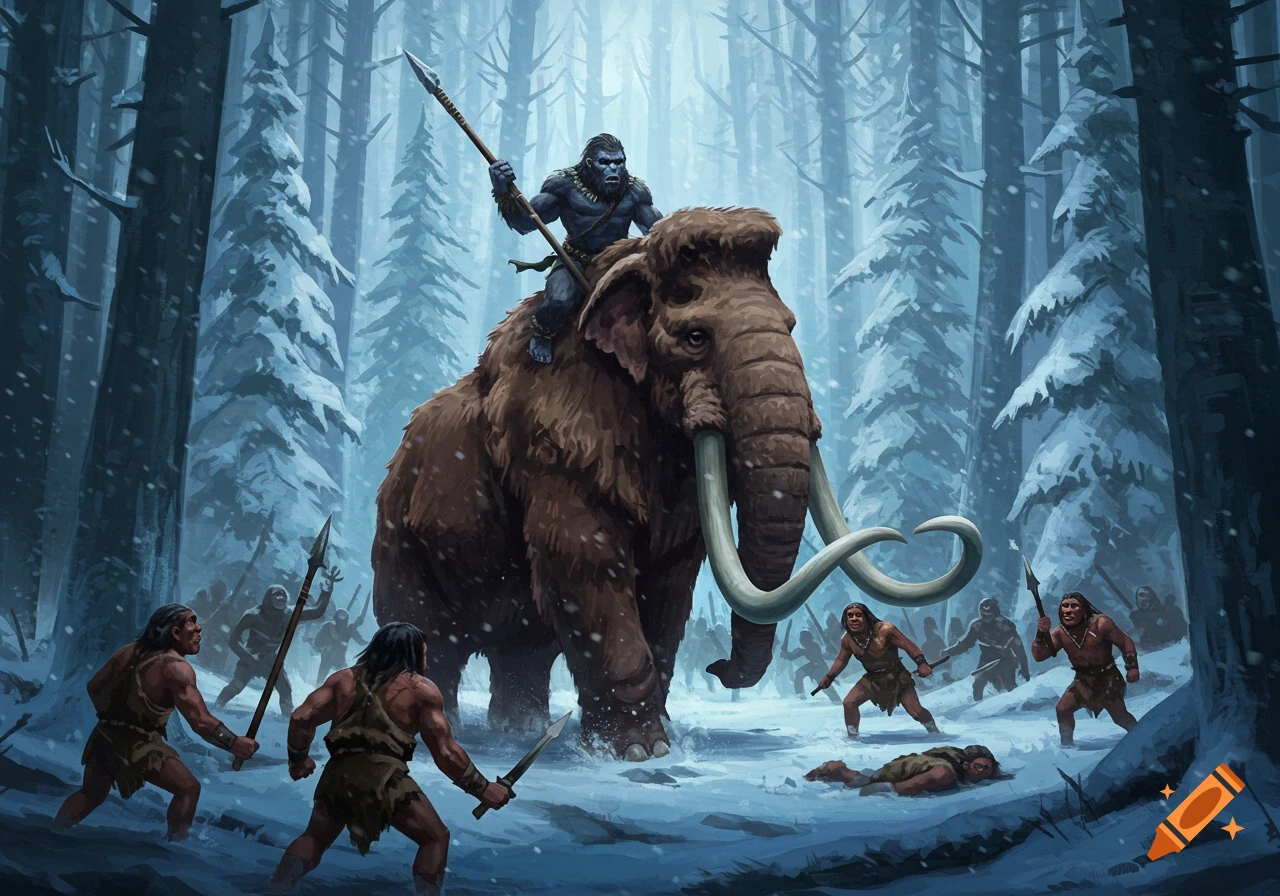 Sasquatch riding a mammoth into battle against Neanderthals in a snowy forest, digital painting.