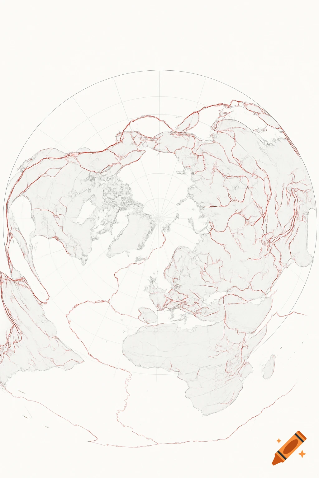 A stylized map of the Earth showing continents with grey coastlines and red tectonic fault lines.