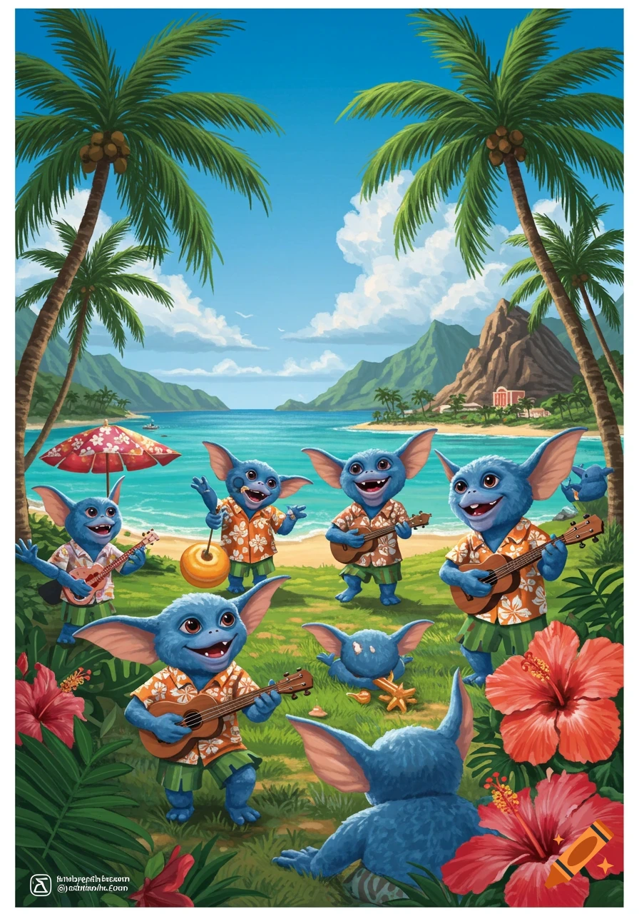 Blue gremlins play ukuleles on a beach in Hawaii.