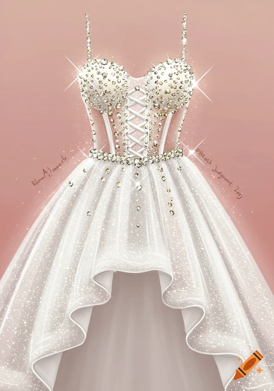 Sparkly white wedding dress illustration with a jeweled corset and high-low skirt.